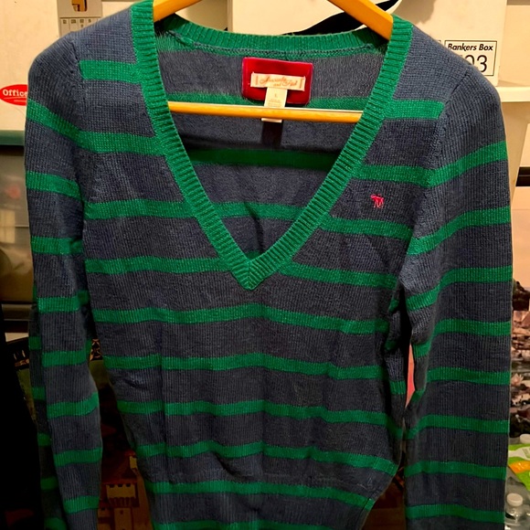 Never worn v-neck Abercrombie and Fitch large sweater. Blue and green stripes. - Picture 1 of 4